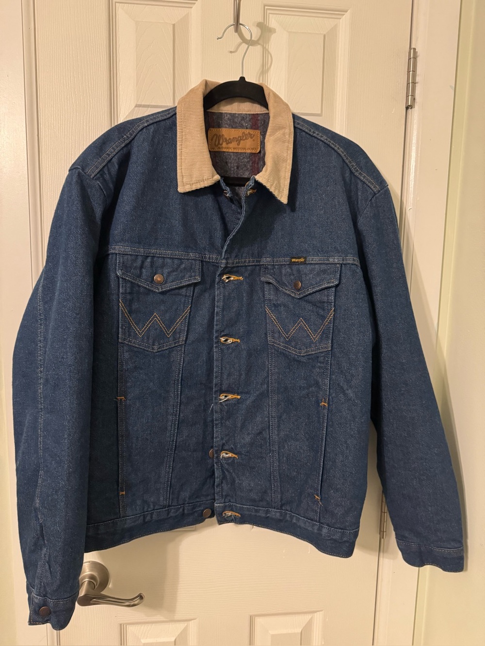 Wrangler Blue Denim Jacket , lined with Tan Corduroy Collar